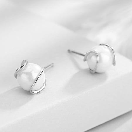 14K White Gold over Sterling Silver Cultured Pearl and Caged Stud Earrings