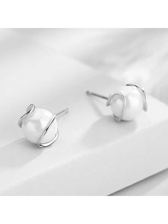 14K White Gold over Sterling Silver Cultured Pearl and Caged Stud Earrings