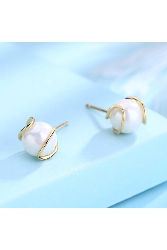 14K Gold Plated Cultured over Sterling Silver Pearl and Caged Stud Earrings