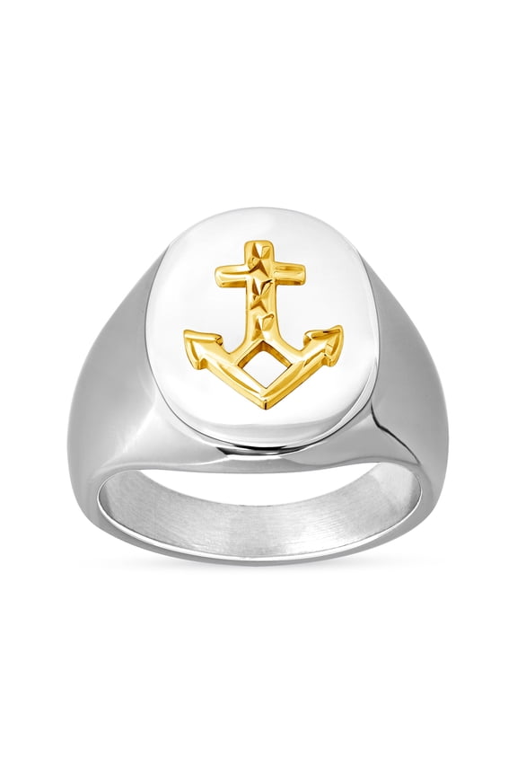 14K Gold Diamond Cut Anchor on Stainless Steel Oval Signet Ring Size 14, Nautical Men's Ring Jewelry