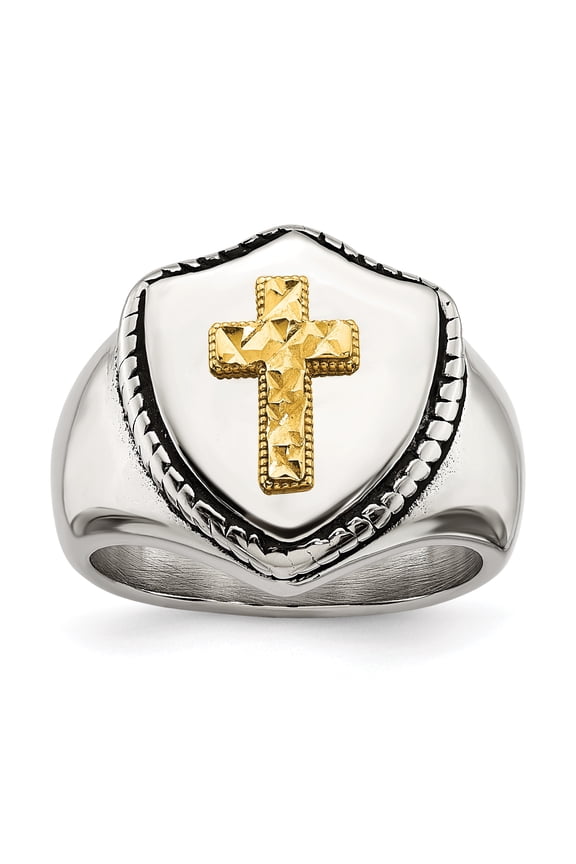 14K Gold Diamond Cut Cross Accent on Stainless Steel Antique Style Shield Signet Ring Size 8, Religious Men's Ring Jewelry
