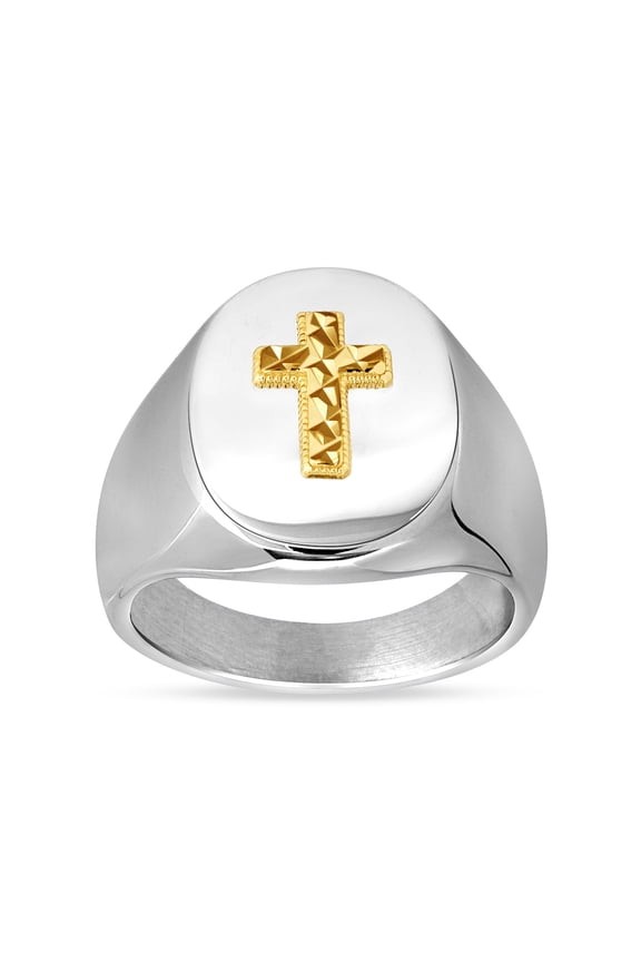 14K Gold Diamond Cut Cross Accent on Stainless Steel Oval Signet Ring Size 8, Religious Men's Ring Jewelry