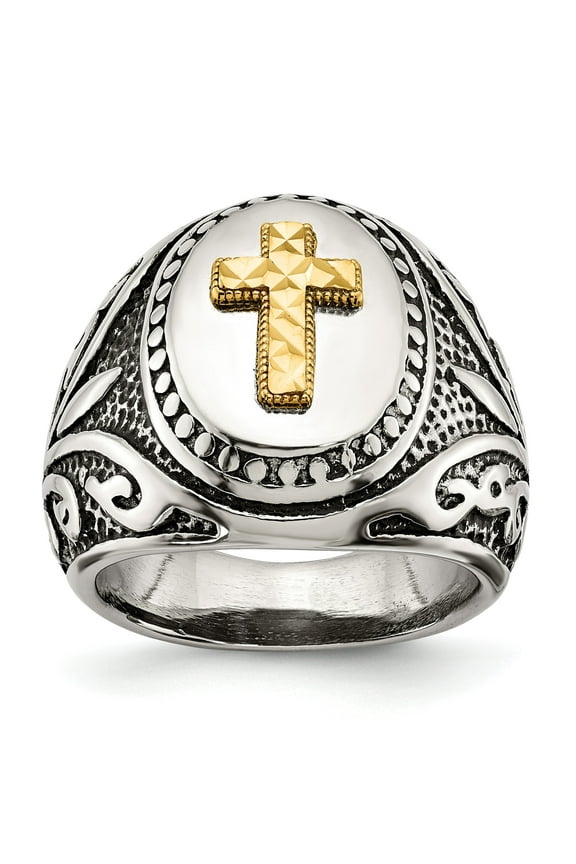 14K Gold Diamond Cut Cross on Stainless Steel Antique Style Oval Signet Ring Size 8, Religious Men's Ring Jewelry