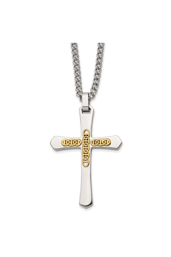 14K Gold Diamond Cut Greek Key Bars on Stainless Steel Polished Cross, 24" Chain Pendant Necklace, Religious Men's Jewelry