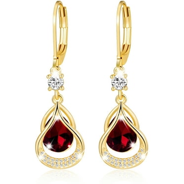 APSVO 18K Gold Plated Drop Earrings for Women Girls Hypoallergenic January Birthstone Earrings with Red Garnet Wedding Birthday Jewelry Gifts Ideas Teen Mom Daughter Girlfriend Kids Age