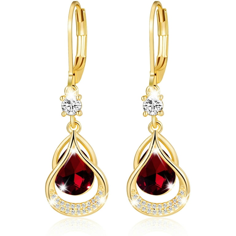 Real 14K Yellow Gold good Women's Garnet Gemstone Leverback Earrings