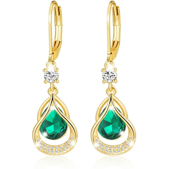APSVO 18K Gold Plated Drop Earrings for Women Girls May Birthstone Earrings with Green Emerald Birthday Valentines Day Jewelry Gifts Teen Her Mom Girlfriend Adults Wife Lady Female Kids Age Ideas