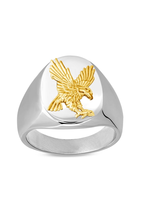 14K Gold Eagle Accent on Stainless Steel Oval Signet Ring Size 12, Men's Ring Jewelry