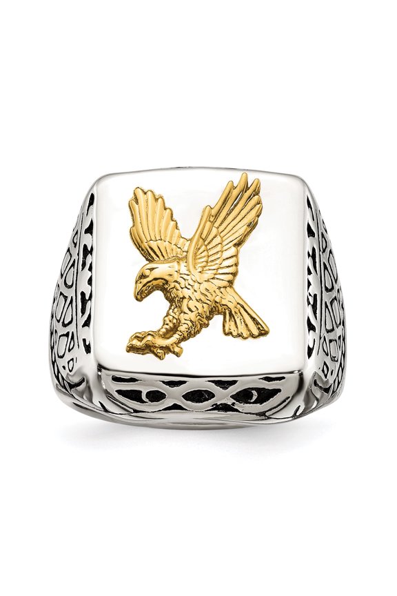 14K Gold Eagle on Stainless Steel Antique Style Square Signet Ring Size 10, Men's Ring Jewelry