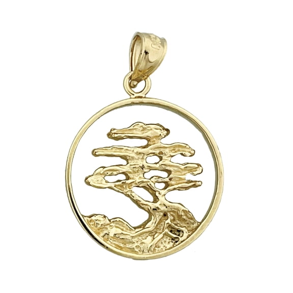 14K Gold Elm Bonsai Tree In Circle Pendant