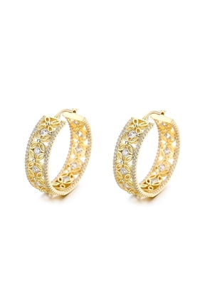 14K Gold Hoop Earrings with crystals, 14k, Yellow Gold-Plated, 2 Pieces