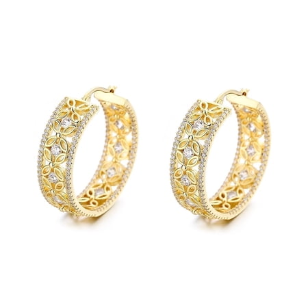 Amy and Annette 14K Gold Hoop Earrings with crystals, 14k, Yellow Gold-Plated, 2 Pieces