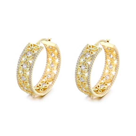 Amy and Annette 14K Gold Hoop Earrings with crystals, 14k, Yellow Gold-Plated, 2 Pieces