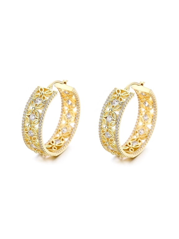 Amy and Annette 14K Gold Hoop Earrings with crystals, 14k, Yellow Gold-Plated, 2 Pieces
