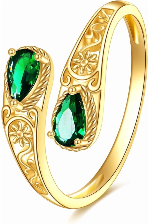 14K Gold Filigrane Ring Boho Adjustable Open Ring Gemstone Spoon Ring Vintage Thumb Rings for Women