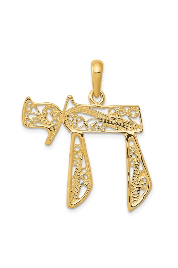 14K Gold Filigree Chai Pendant Charm Jewish Jewelry