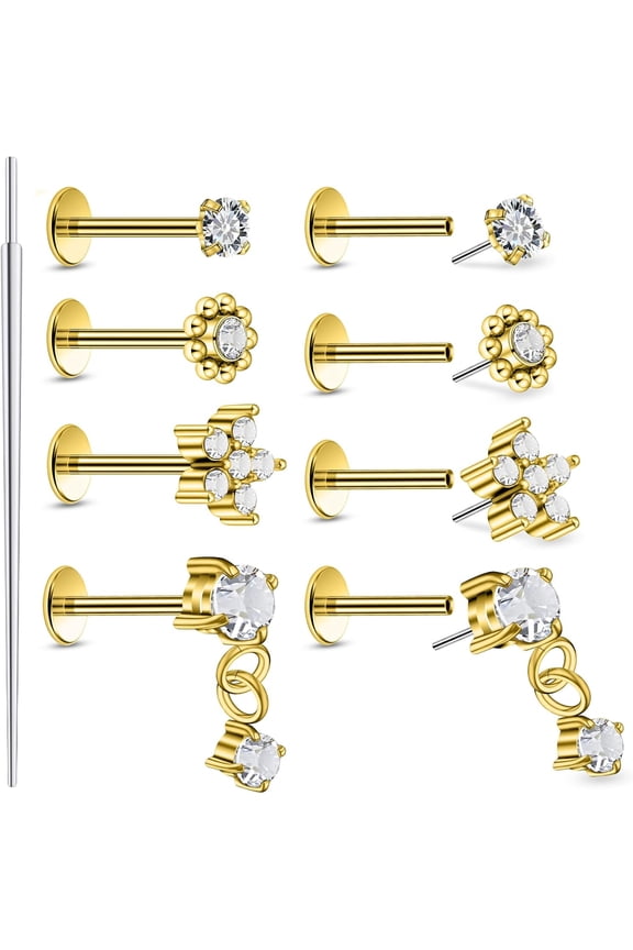 14K Gold Filled 20G 18G 16G Threadless Flat Back Earrings Studs Surgical Stainless Steel Push In Nose Rings Studs Tragus Forward Helix Conch Cartilage Earrings Piercing Jewelry For Women Men[a523]