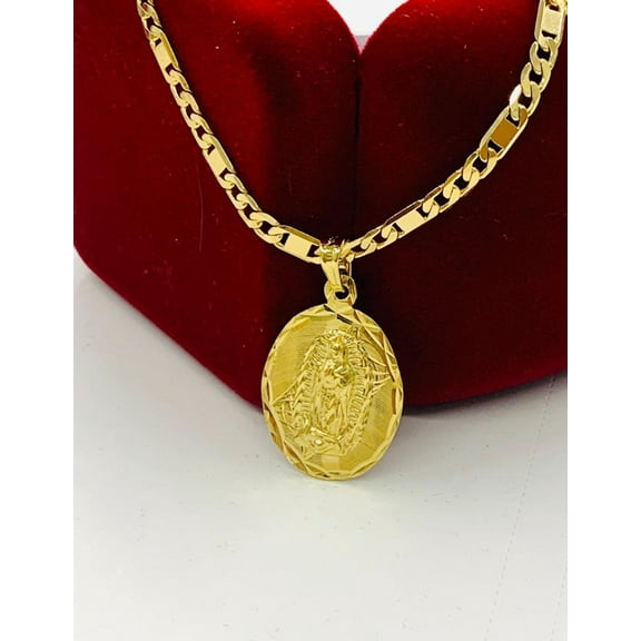14K Gold Filled All Yellow Virgen de Guadalupe Necklace Pendant 20" Medalla Guadalupe