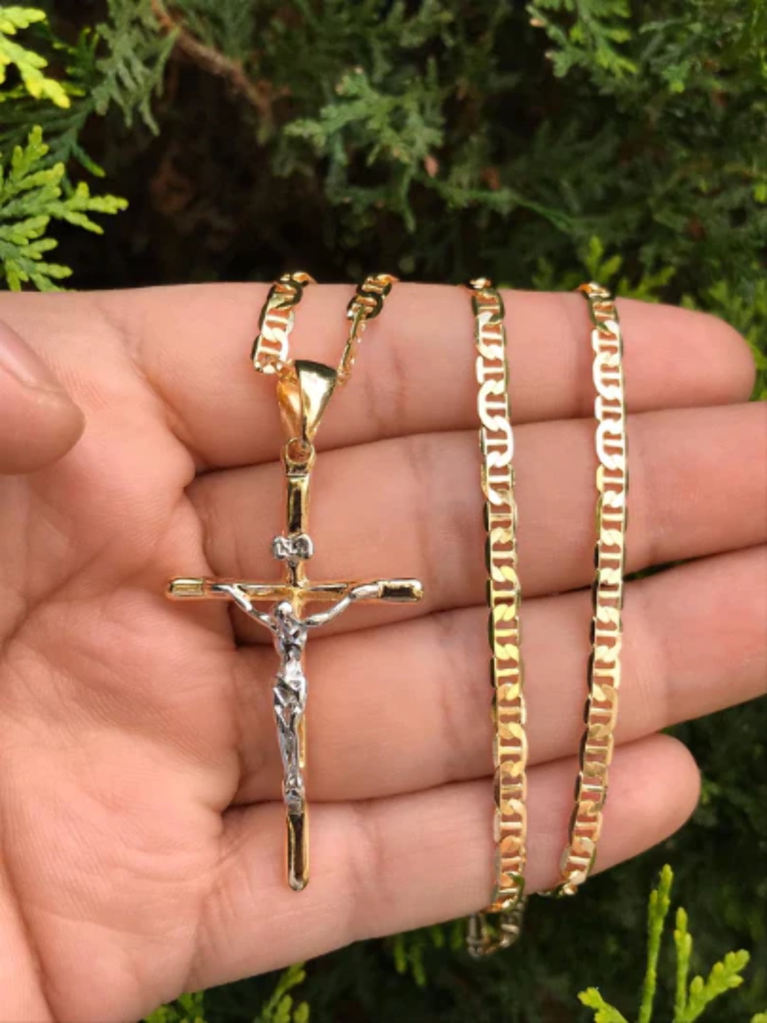 Mens Gold Plated Stainless Steel Chain Cuban Link Cross Pendant Necklace  Set | eBay