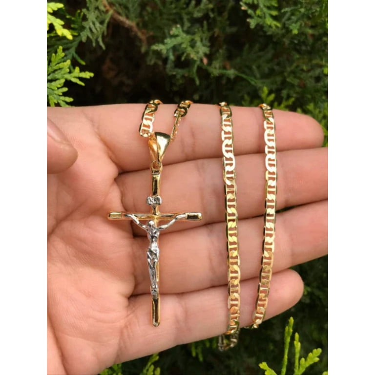 14K Gold Filled Big Cross Necklace Pendant Two Tone 48x28mm / Mens Cross  Necklace / Cadena y Dije de Cruz 