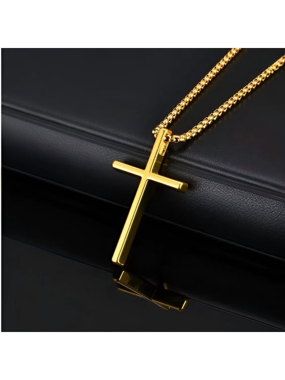 14K Gold Filled Box Chain Collar Necklace for Men, Golden Tone Cross Pendant, Sleek Statement Wearable Piece