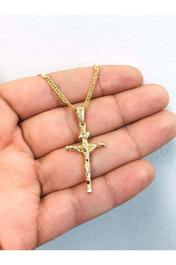 14K Gold Filled Cross Necklace for Men's 20" - Crucifix Pendant 33x18mm - Cross Pendant - Dije de Cruz - Mariner Link Chain 20"