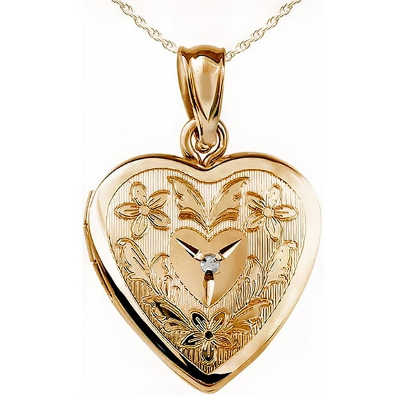 14K Gold Filled Floral Heart Photo Locket with Diamond Unisex Adult-3/4in x 3/4 in-Includes 18 Chain