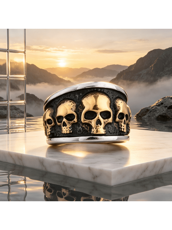 14K Gold Filled Gothic Lost Skull Ring for Men, Punk Statement Band Boyfriend Gift Jewelry