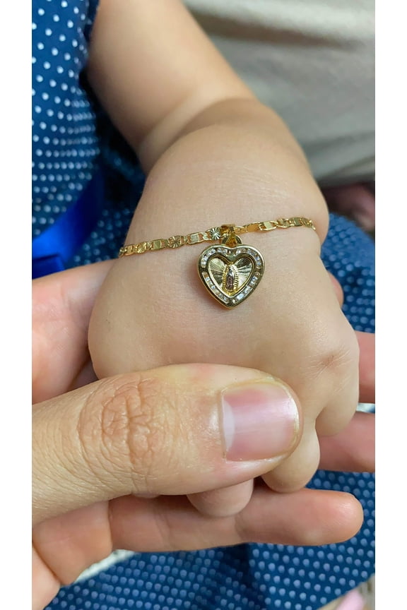 14K Gold Filled Heart Virgen de Guadalupe Bracelet Link Chain Gifts 6.5"