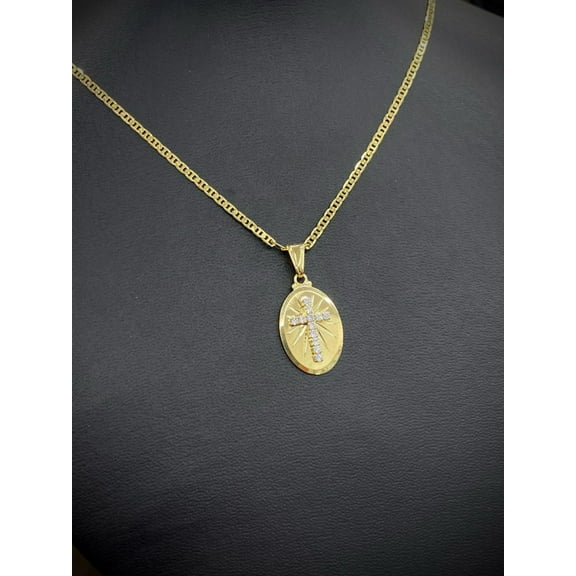 14K Gold Filled Jesus Cross Necklace Mariner Chain Womens Mens 23x14