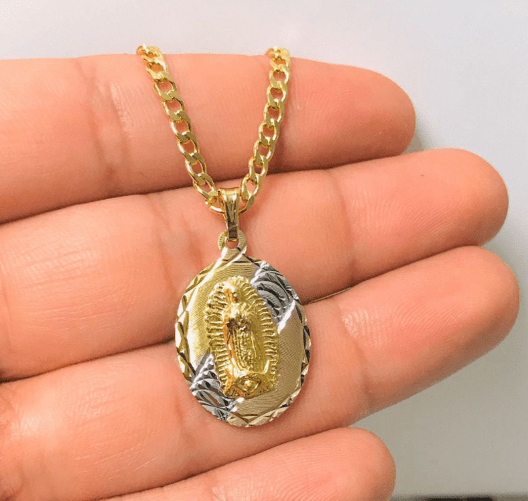 14K Gold Plated Holy Mary Necklace La Virgen De Guadalupe Pendant Cadena  Cuban Chain 24 inch x 4 mm 