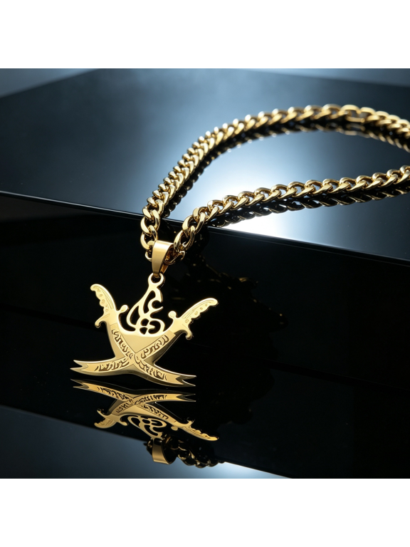14K Gold Filled Retro Imam Ali Pendant Necklace for Men and Women, Arabic Motif Fashion Decorative Religious Jewelry