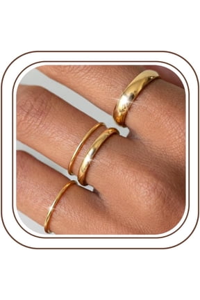 14K Gold Filled Rings for Women Non Tarnish Stackable Ring Set | 4Pcs Thumb Pinky Stacking Rings for Women,Wedding Rings Band,Waterproof Stainless Steel,1mm 2mm 3mm 5mm Thin Ring