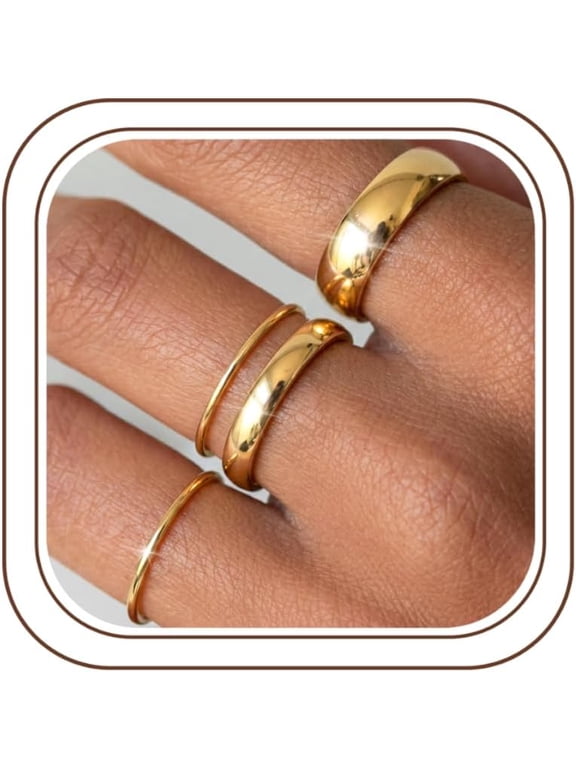 14K Gold Filled Rings for Women Non Tarnish Stackable Ring Set | 4Pcs Thumb Pinky Stacking Rings for Women,Wedding Rings Band,Waterproof Stainless Steel,1mm 2mm 3mm 5mm Thin Ring