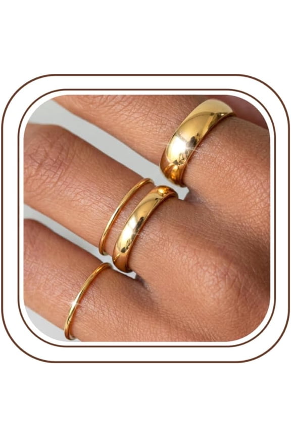 14K Gold Filled Rings for Women Non Tarnish Stackable Ring Set | 4Pcs Thumb Pinky Stacking Rings for Women,Wedding Rings Band,Waterproof Stainless Steel,1mm 2mm 3mm 5mm Thin Ring