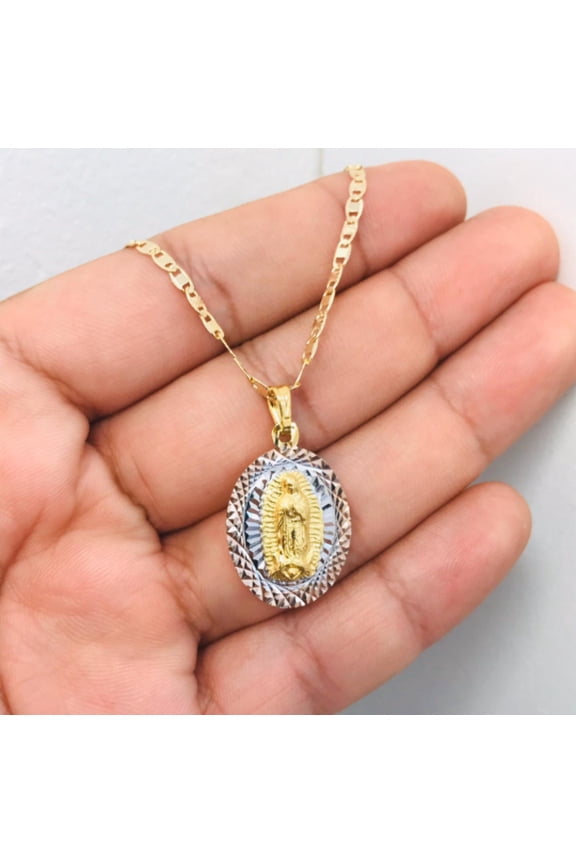 14K Gold Filled Virgen de Guadalupe Diamond Cut Necklace 26x18mm, Valentino Link Chain 20" / Cadena y Dije de la Virgen de Guadalupe