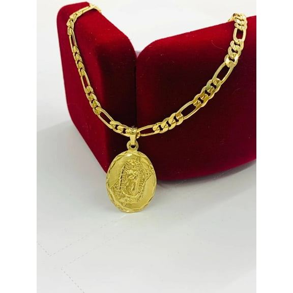 14K Gold Filled Virgen de Guadalupe Necklace Figaro Chain 24" Medalla Guadalupe 26x18