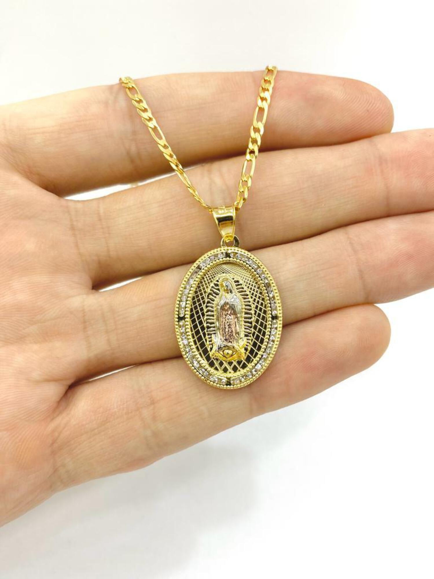 PRIMEJEWELRY269 14K Gold Filled Virgen de Guadalupe Pendant Necklace CZ Charm Religious Jewelry Women's Figaro 20"