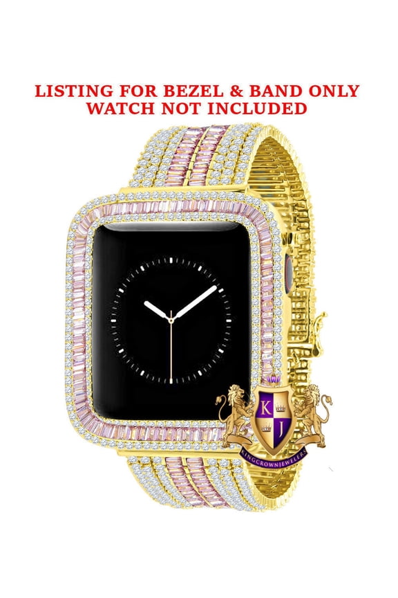 14K Gold Finish Baguette Simulated Pink Diamond 12 Cwt. Apple Watch Bezel 44 mm Fit Series # 4,5,6 Custom Cover Case + Matching Band