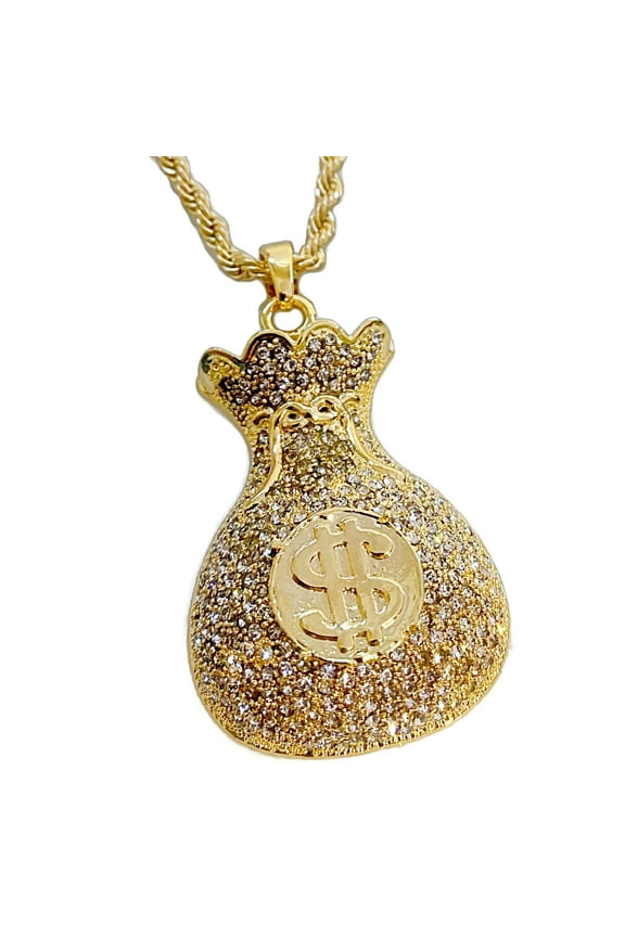14K Gold Finish Cash Money Bag Iced Flooded Out Pendant Hip Hop Rope Chain 24" Necklace