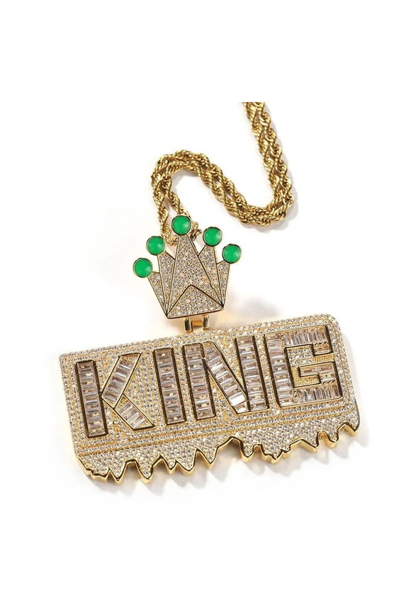 14K Gold Finish Simulated Diamond Custom Hip Hop Iced Out Bling King Charm Pendant Necklace, Gift For him, Glow in the Dark, Rapper Pendant