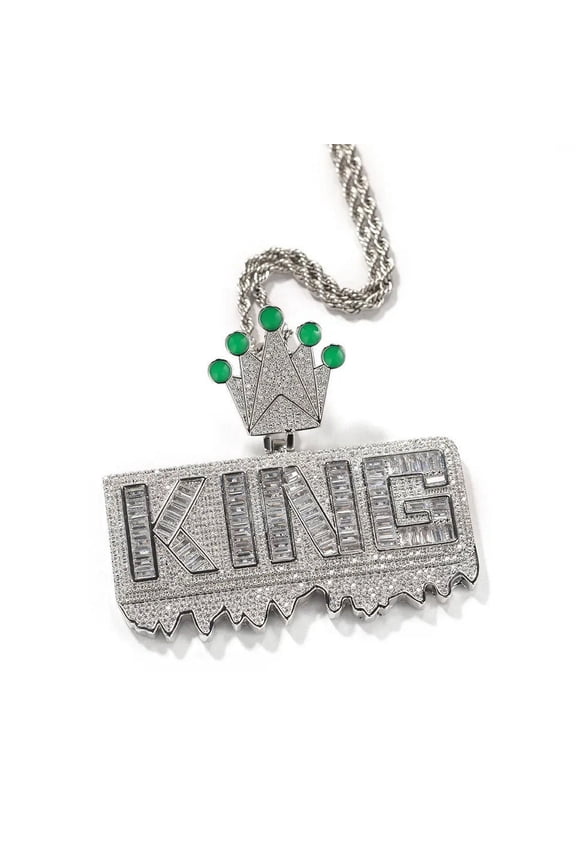 14K Gold Finish Simulated Diamond Custom Hip Hop Iced Out Bling King Charm Pendant Necklace, Gift For him, Glow in the Dark, Rapper Pendant