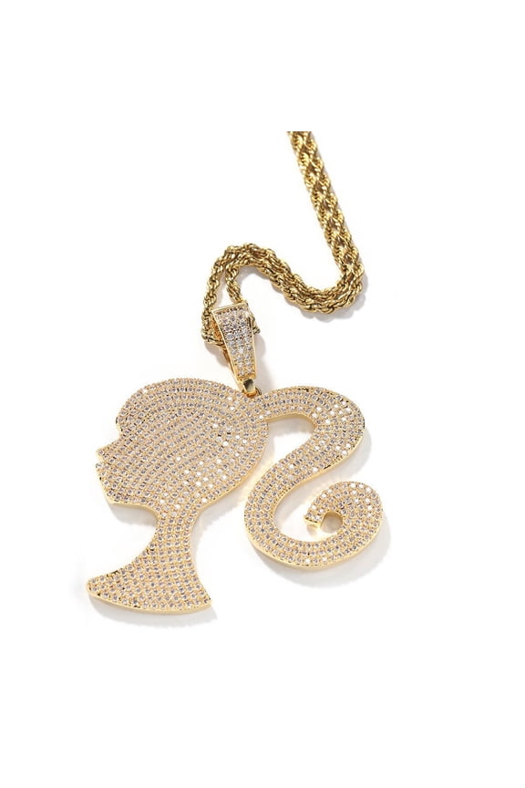 14K Gold Finish Simulated Diamond Custom Iced Out Bling Lady Face Bun Charm Pendant Necklace, Birthday Gift, Gift for her, Free Chain