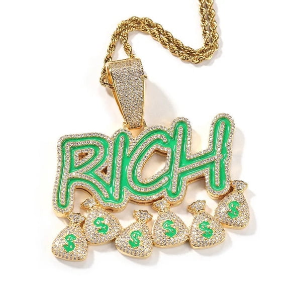 14K Gold Finish Simulated Diamond Iced Out Hip Hop Rich Money Bags Rapper Charm Pendant Necklace, Gift For him, Glow in the dark, Enamel