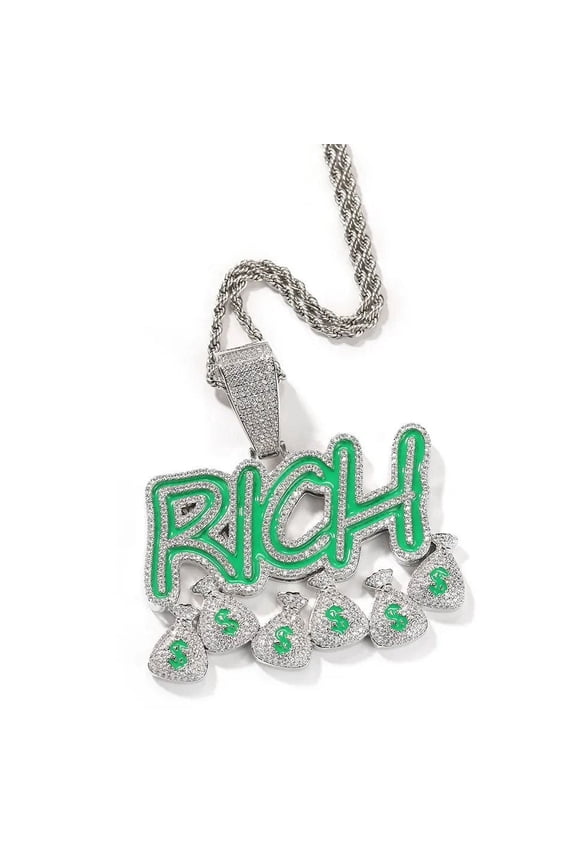 14K Gold Finish Simulated Diamond Iced Out Hip Hop Rich Money Bags Rapper Charm Pendant Necklace, Gift For him, Glow in the dark, Enamel
