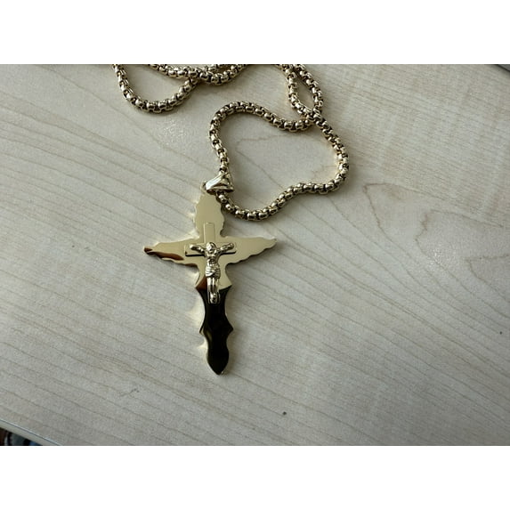 14K Gold Flat BEVEL Cross for Men Gold plated Necklace w/ real solid Strong Clasp 3MM 14ct Perfect Necklace Gift for Husband or Wife. Diamond-Cut USA made