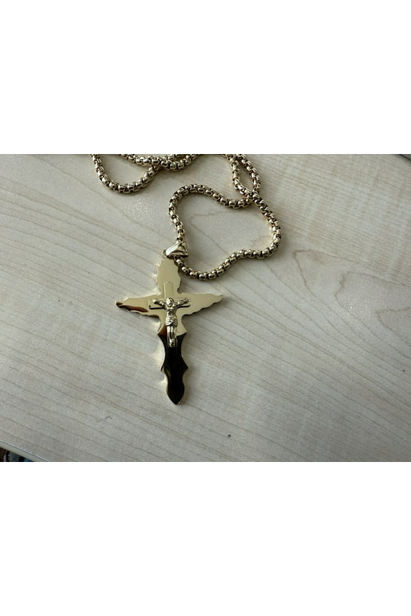 14K Gold Flat BEVEL Cross for Men Gold plated Necklace w/ real solid Strong Clasp 3MM 14ct Perfect Necklace Gift for Husband or Wife. Diamond-Cut USA made