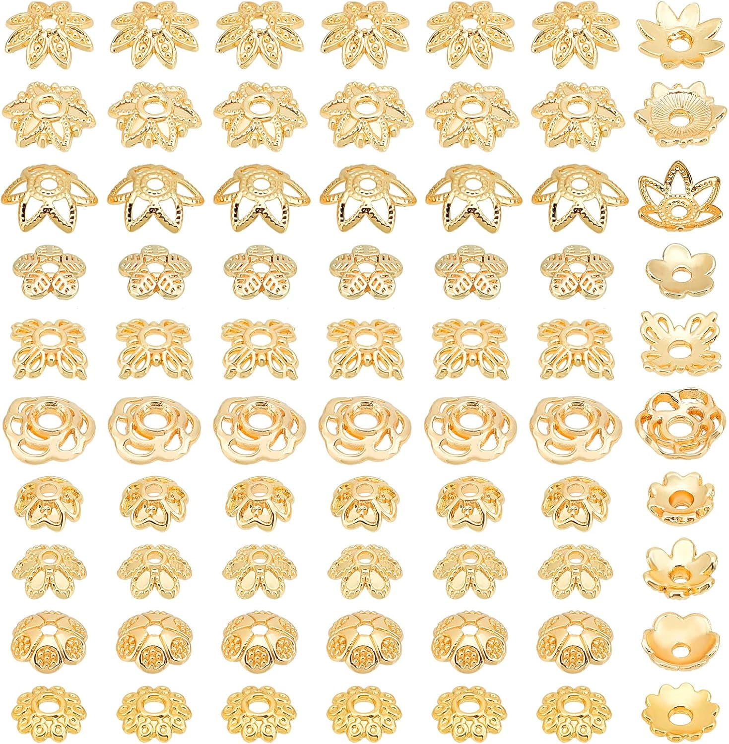 14K Gold Flower Bead Cap 100pcs 10 Styles Bead End Caps Brass Filigree Metal Spacer Beads Caps End Charm Caps for DIY Earrings Bracekets Necklace Jewelry Craft Making DIY