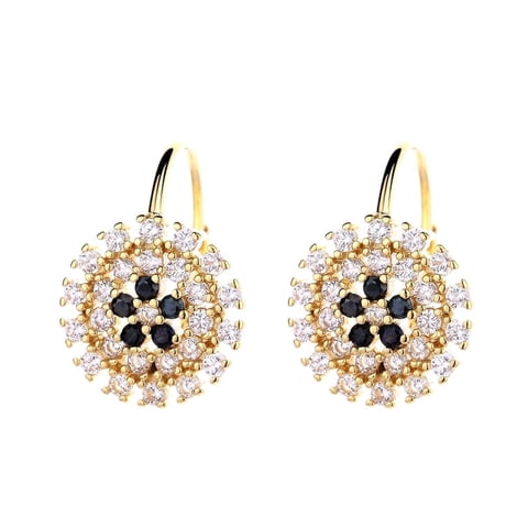 14K Gold Flower Huggie Earrings with Simulated Diamonds, Gold-Plated