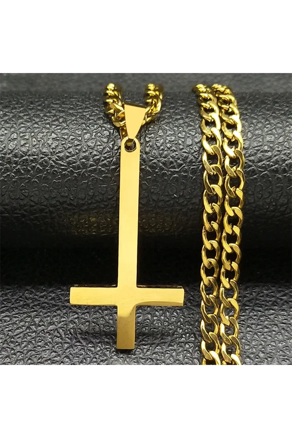 14K Gold Gothic Upside Down Cross Necklace for Man Women Inverted Cross Male Chain Jewelry collar hombre